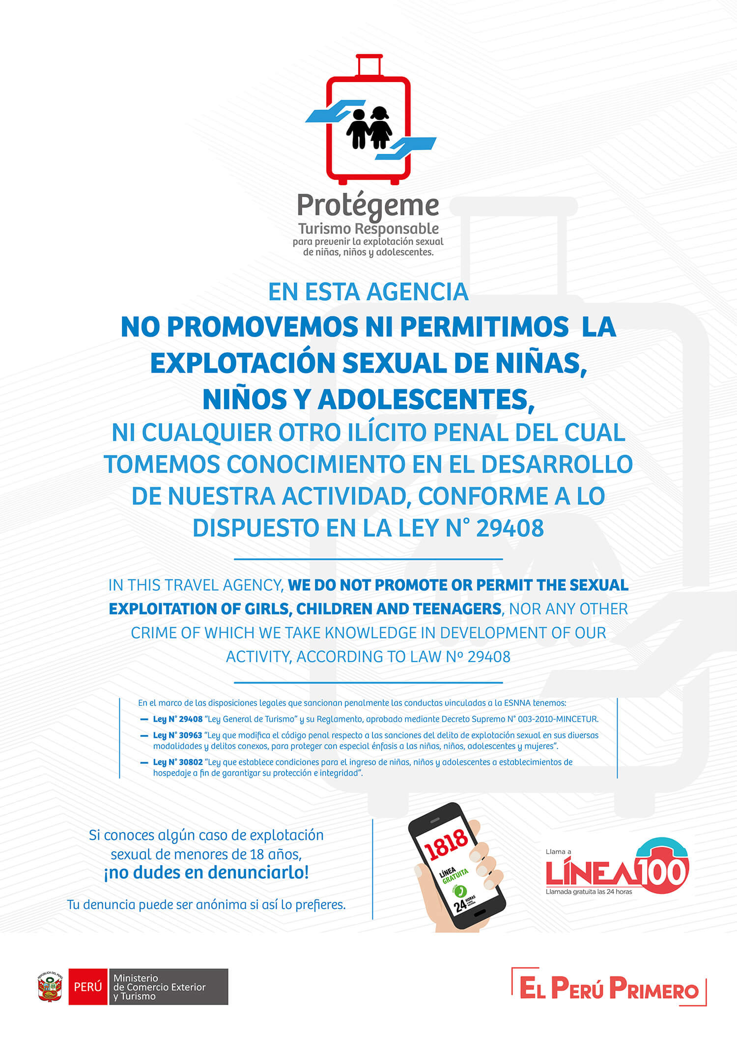 Official MINCETUR poster: in this travel agency we do not promote or permit the sexual exploitation of children and adolescents (ESNNA), under Law No. 29408.